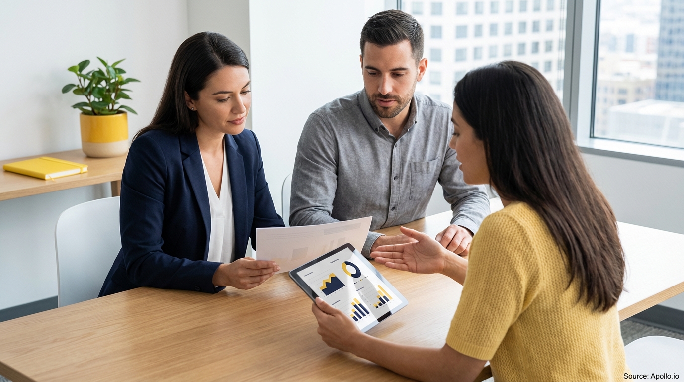 Three professionals review data on a tablet and documents at a modern office table.