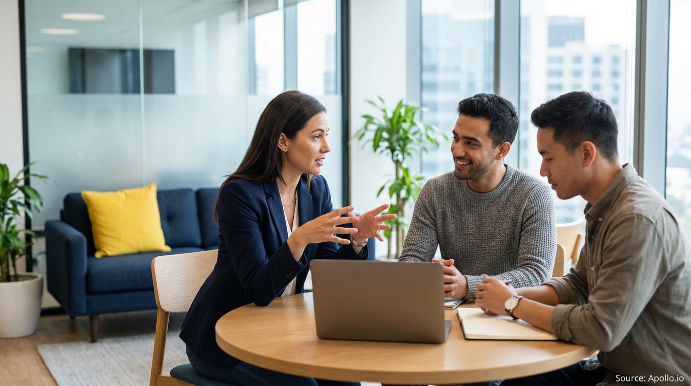 A woman leads a discussion with two men at a table with a laptop in a modern office.