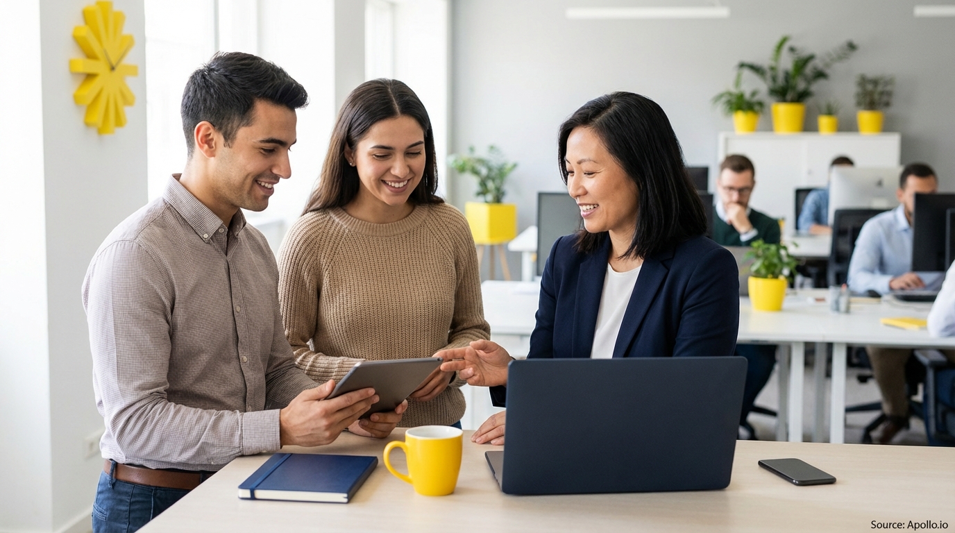 Three professionals smile while collaborating with a tablet and laptop in an office.