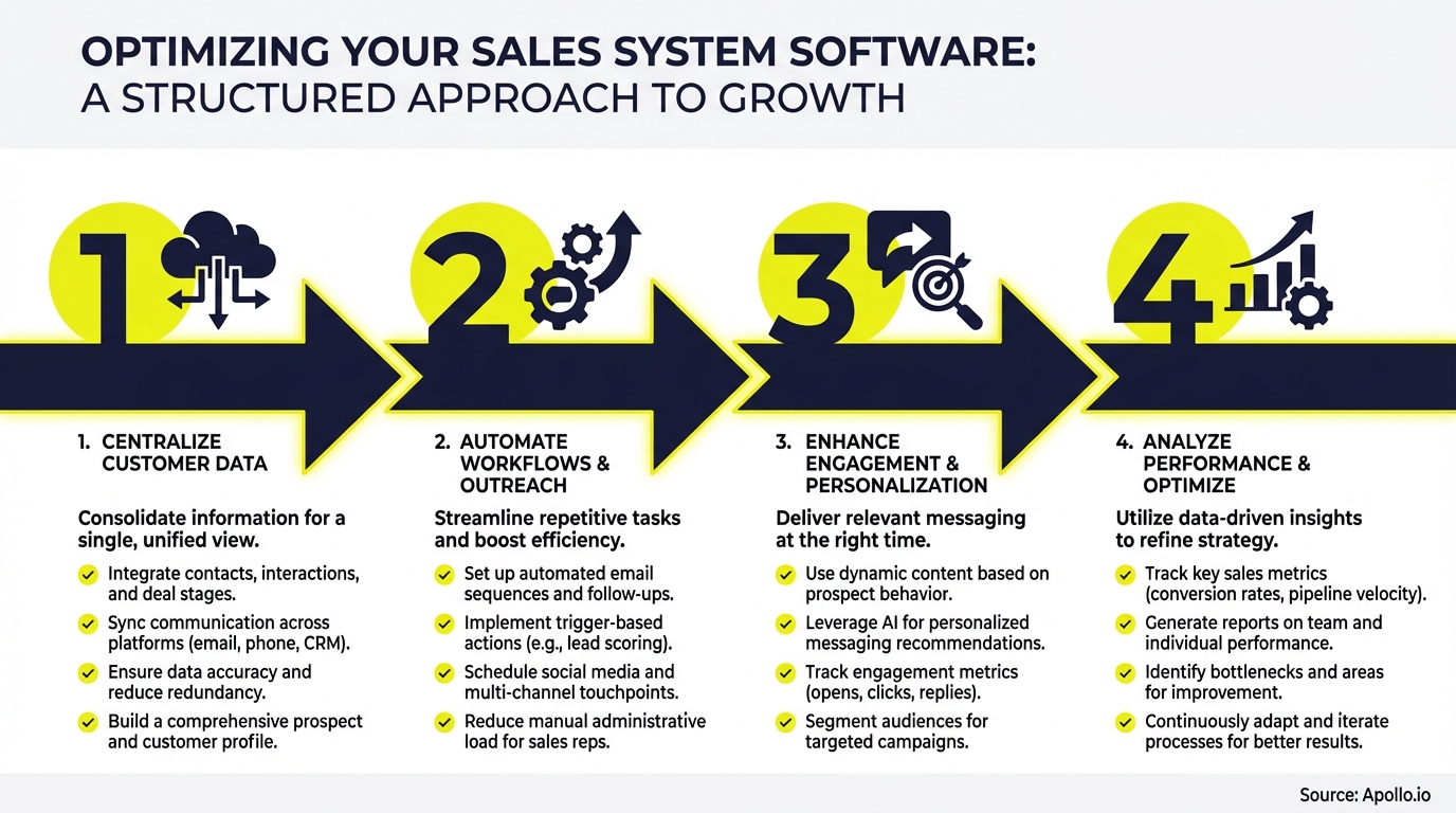 An infographic illustrating a four-step process for optimizing sales system software.