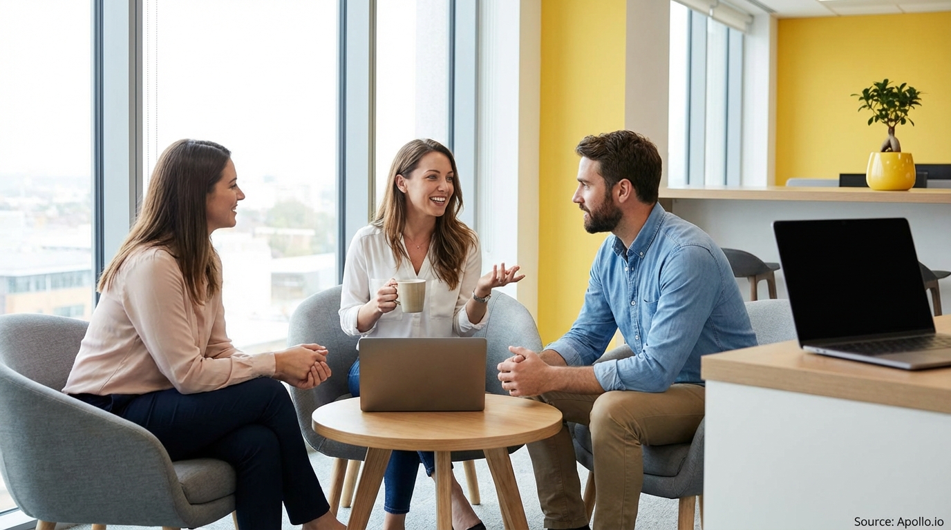 Three people have a relaxed business discussion around a table with a laptop in a modern office.