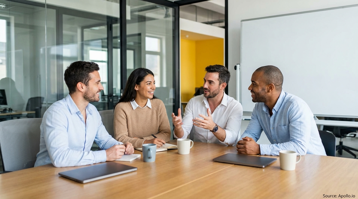 Four smiling colleagues collaborate at a modern office meeting table.