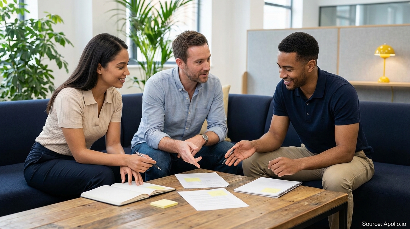 Three smiling professionals discuss documents at a wooden coffee table in a modern office.