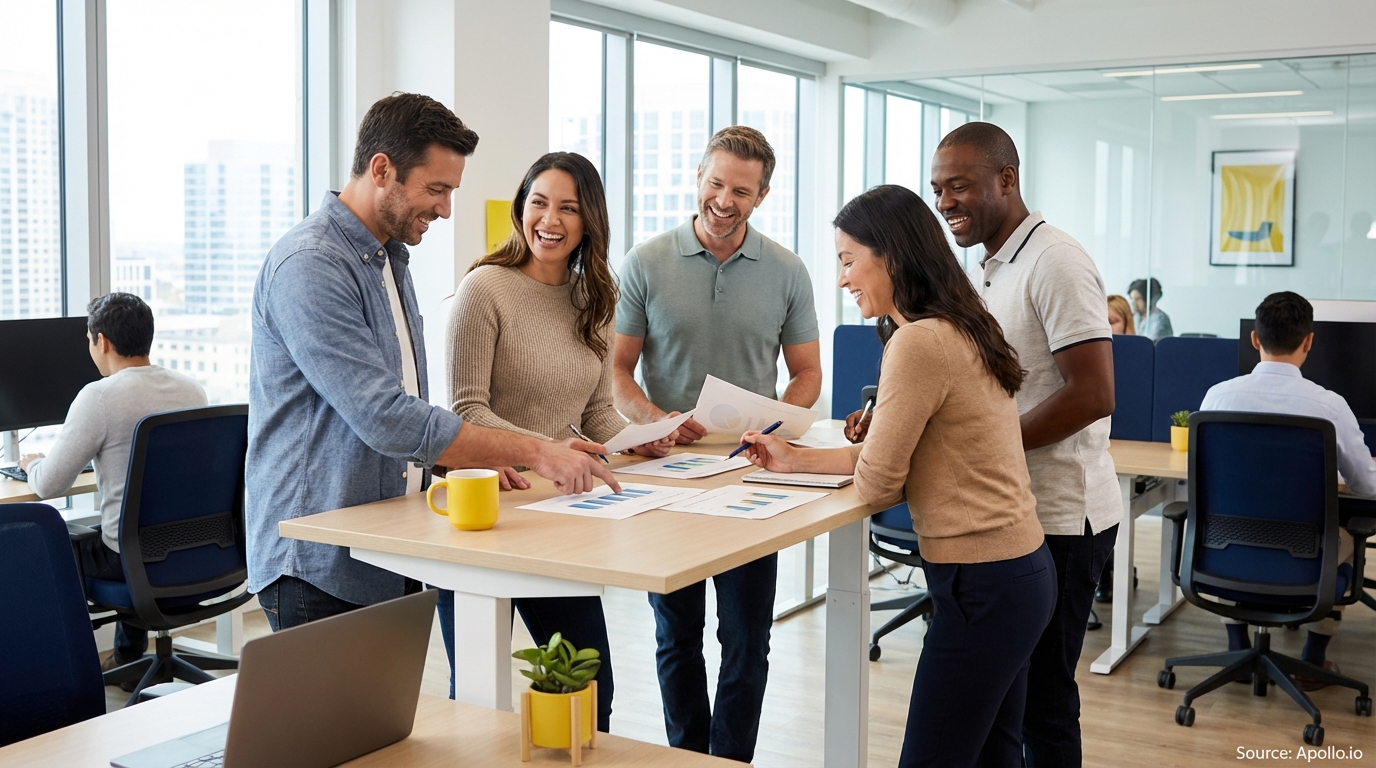 Sales team collaborating in a modern open-plan office in a sales team meeting
