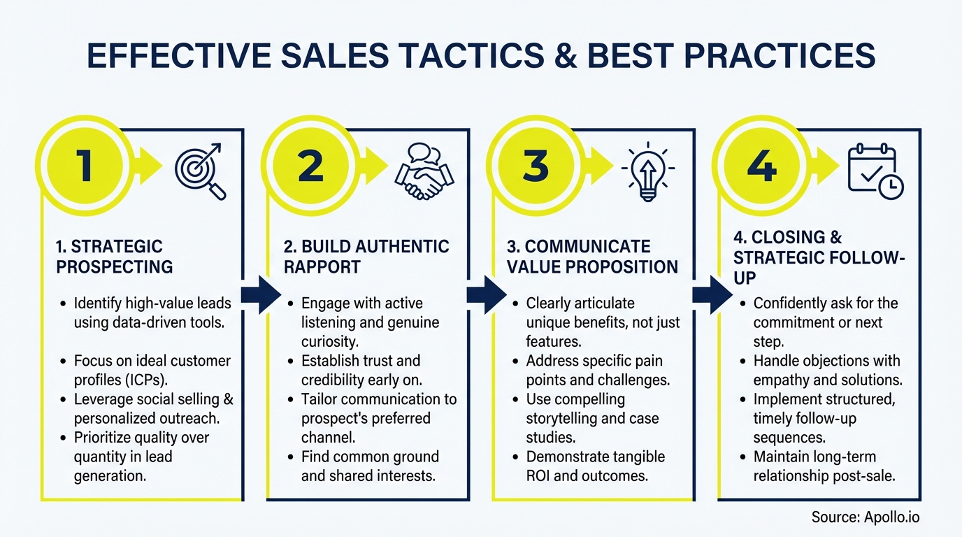 Infographic summarizing key sales strategy with actionable steps