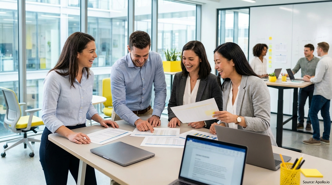 Sales team collaborating in a modern open-plan office reviewing performance targets