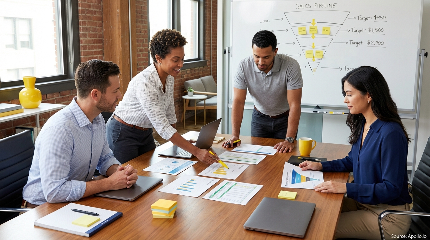 Sales professionals discussing strategy around a conference table reviewing performance targets