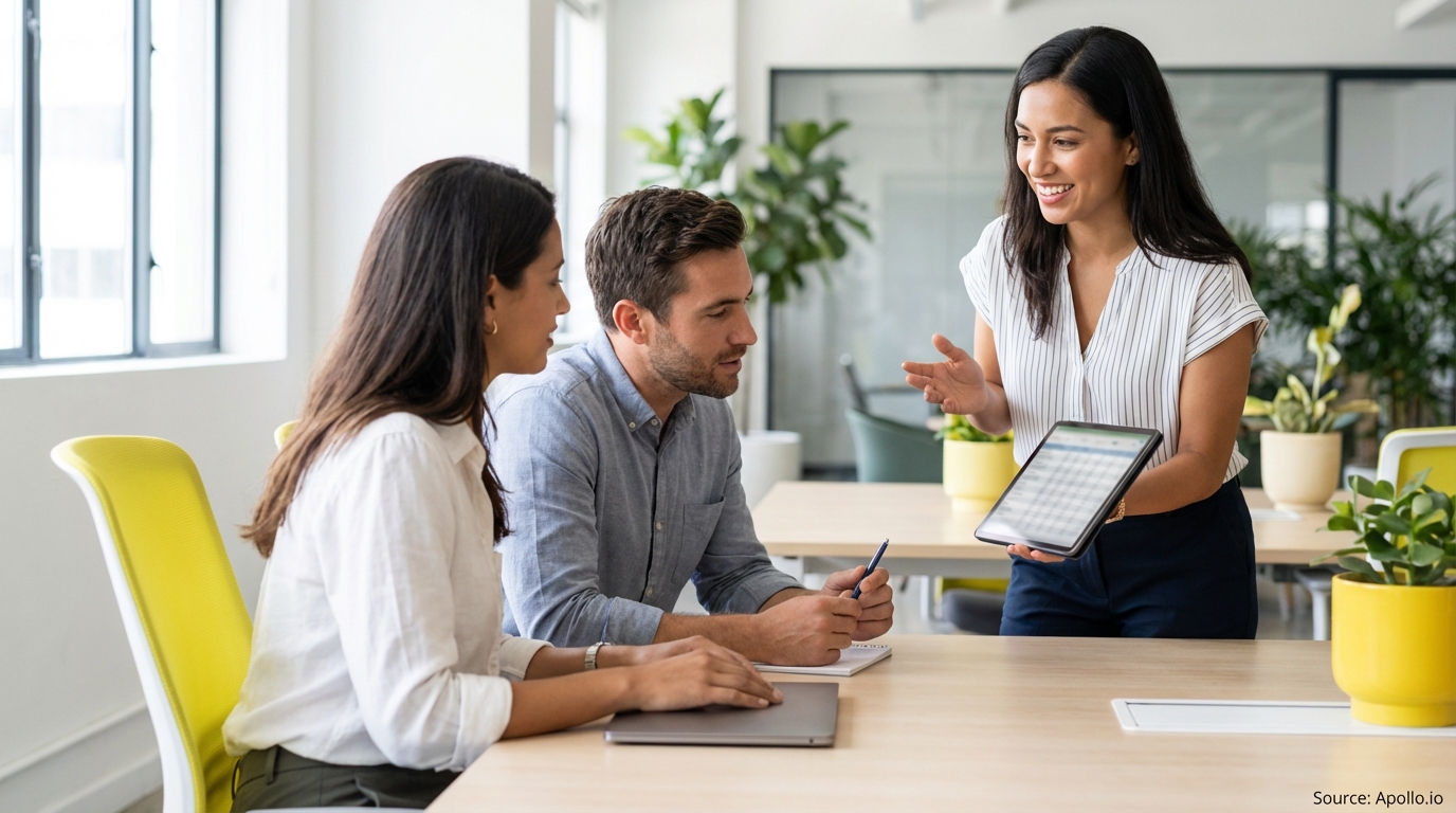 Three professionals discuss data on a tablet and laptop in a modern office.