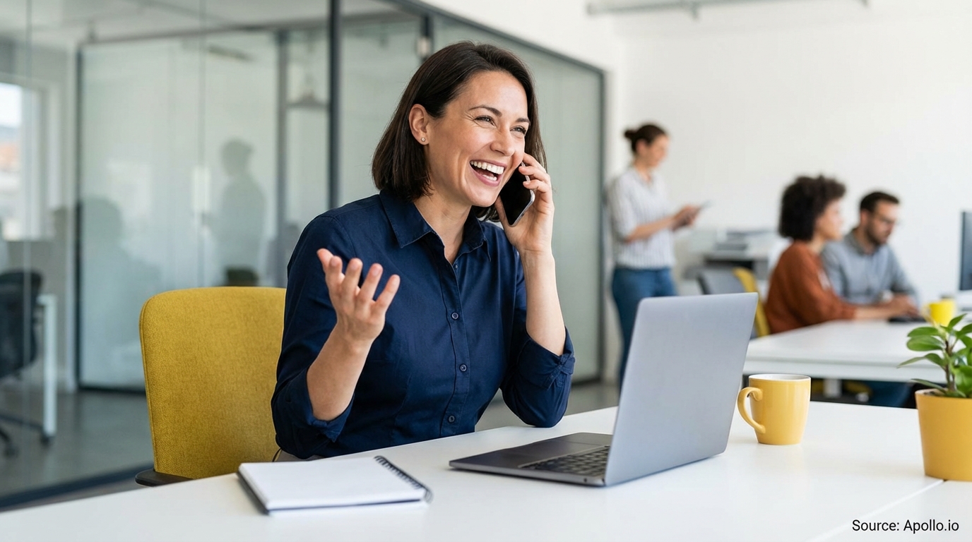 Smiling woman on phone at office desk with laptop, other workers in background.