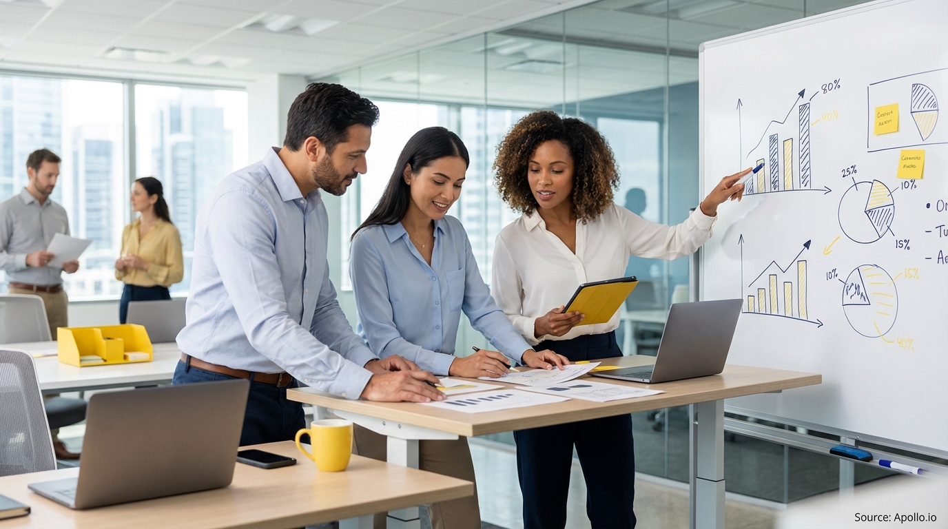Sales team collaborating in a modern open-plan office in a sales team meeting