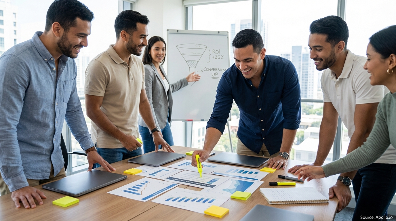 Sales professionals discussing strategy around a conference table in a sales team meeting