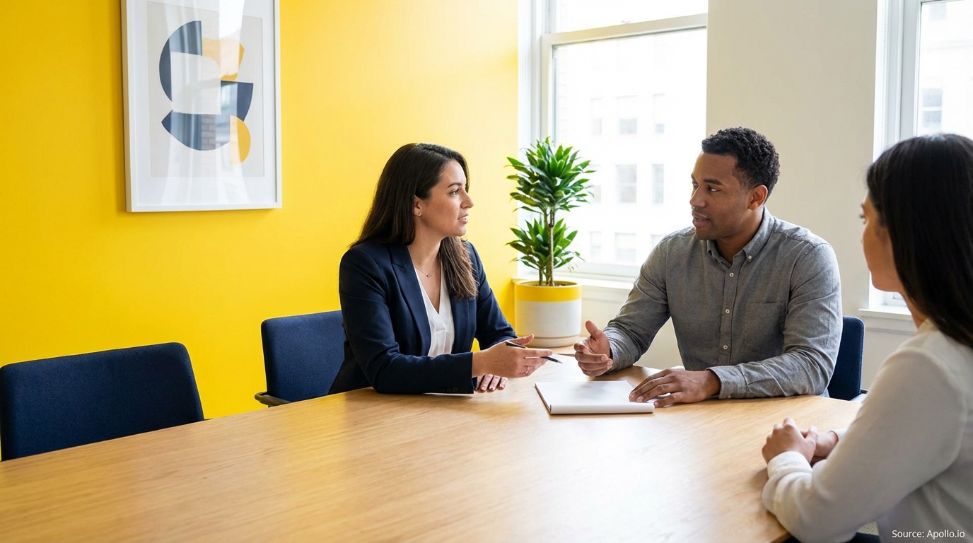 Three people in a meeting, with two actively discussing strategy at a yellow-walled office.