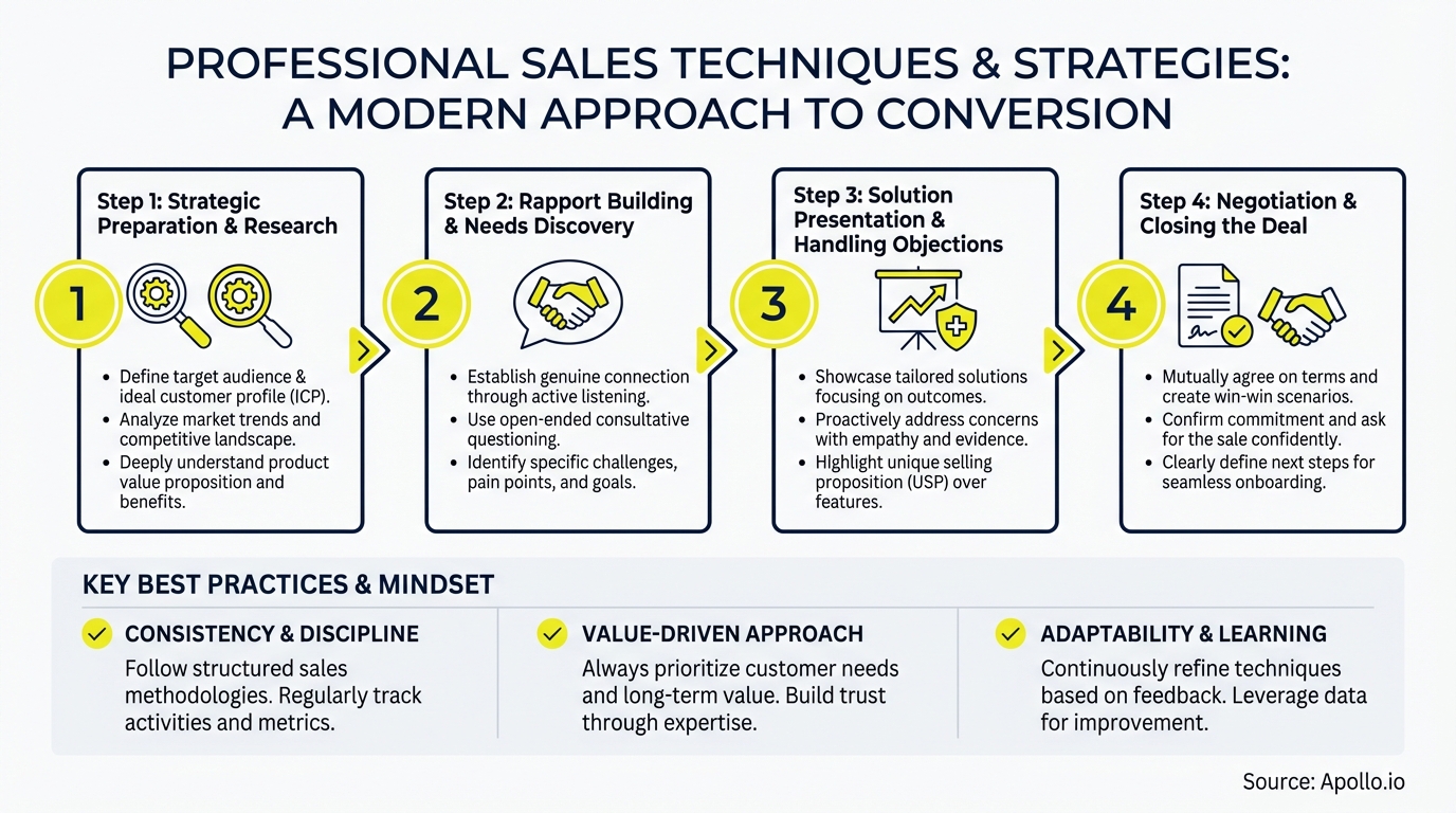 Infographic illustrating a four-step professional sales process with key best practices.