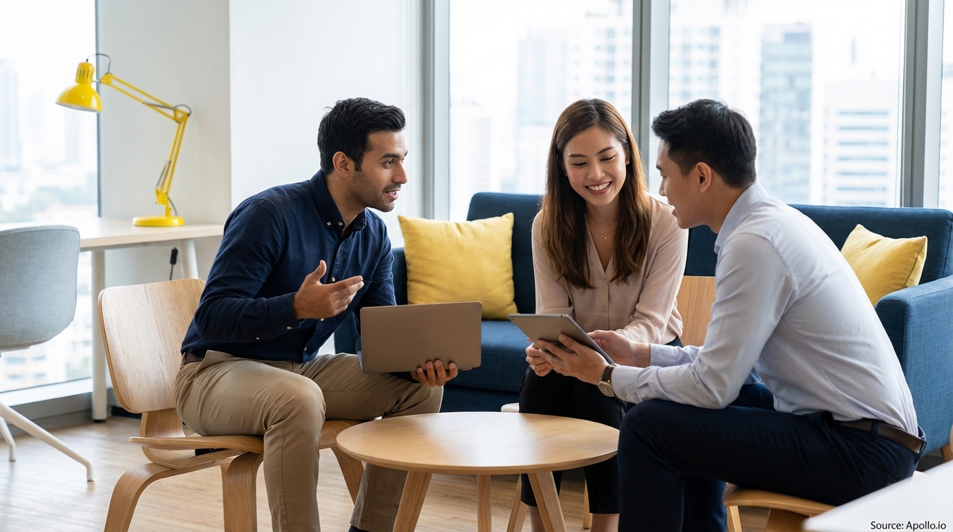 Three professionals discuss, using a laptop and tablet, in a bright modern office.