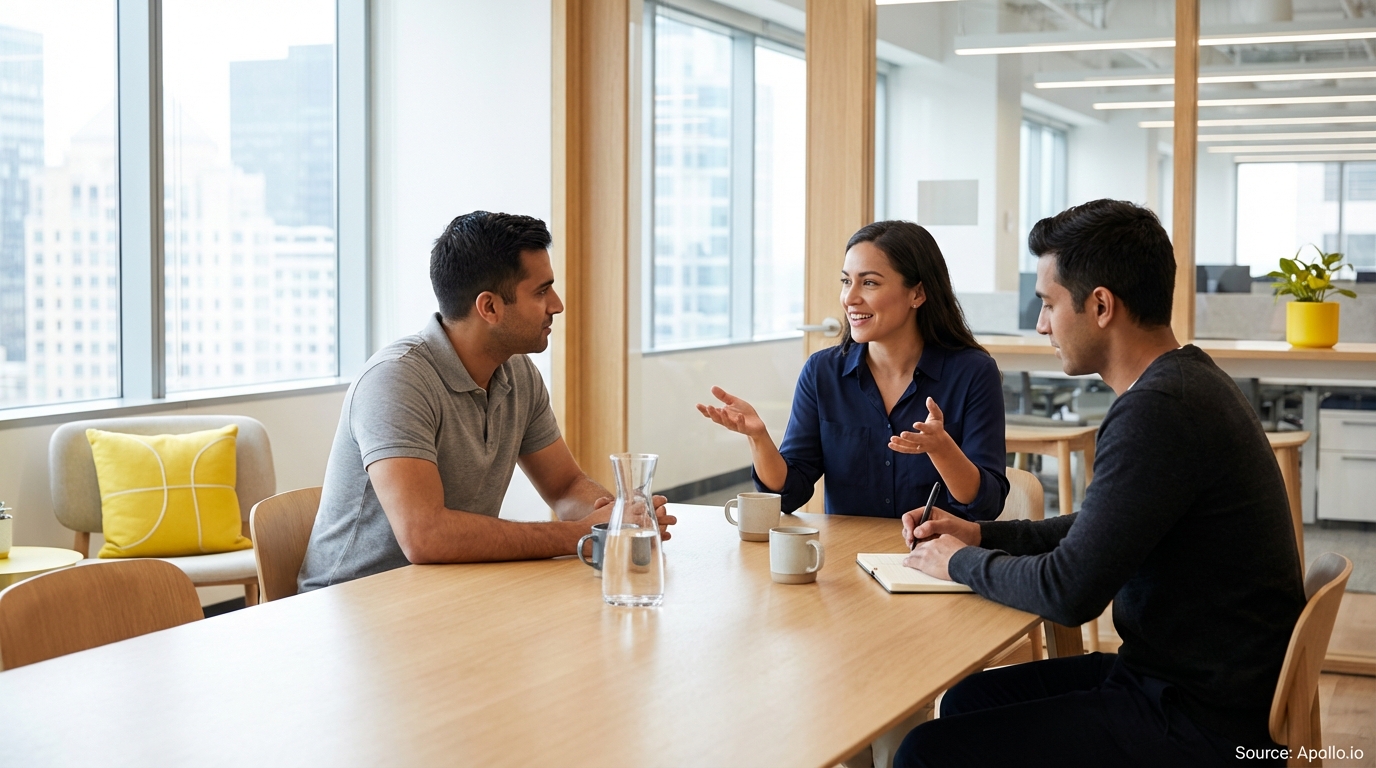 Three diverse professionals discuss ideas at a modern office conference table.