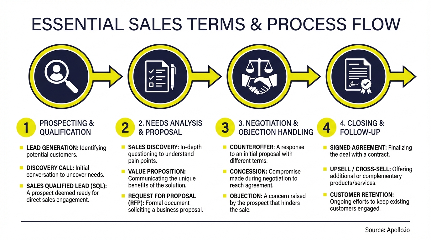 A four-step diagram showing essential sales terms and the process flow with corresponding icons.