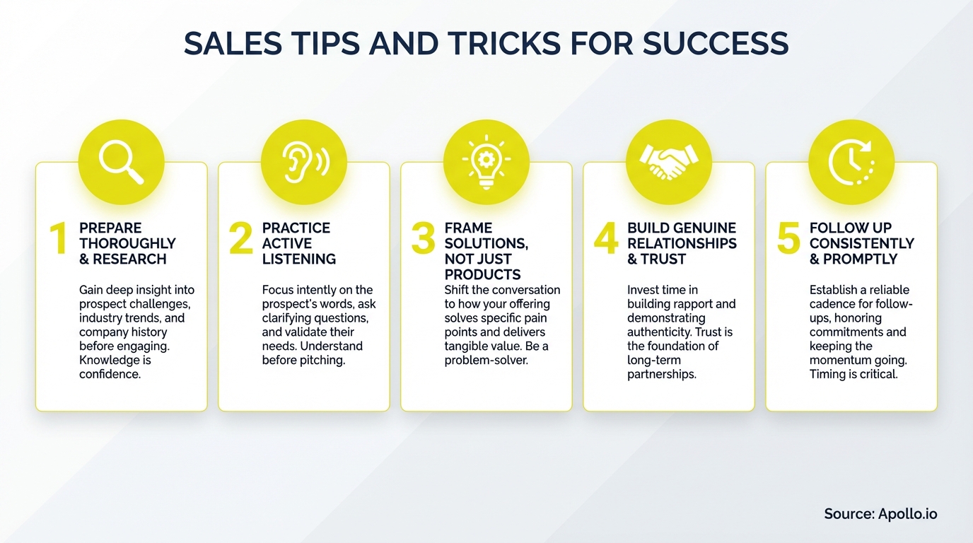 Infographic displaying five numbered sales success tips, each with an icon and description.