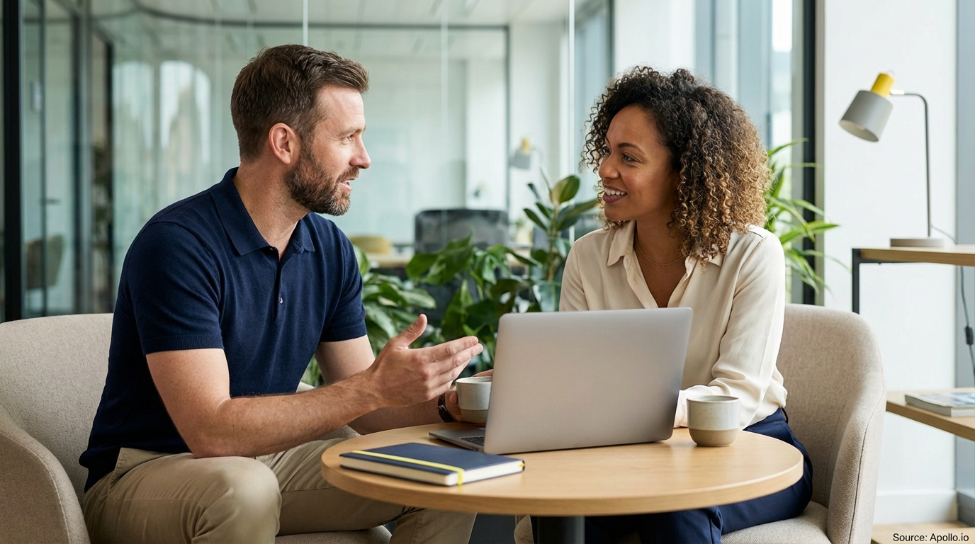 Two professionals converse at a modern office table with a laptop and drinks.
