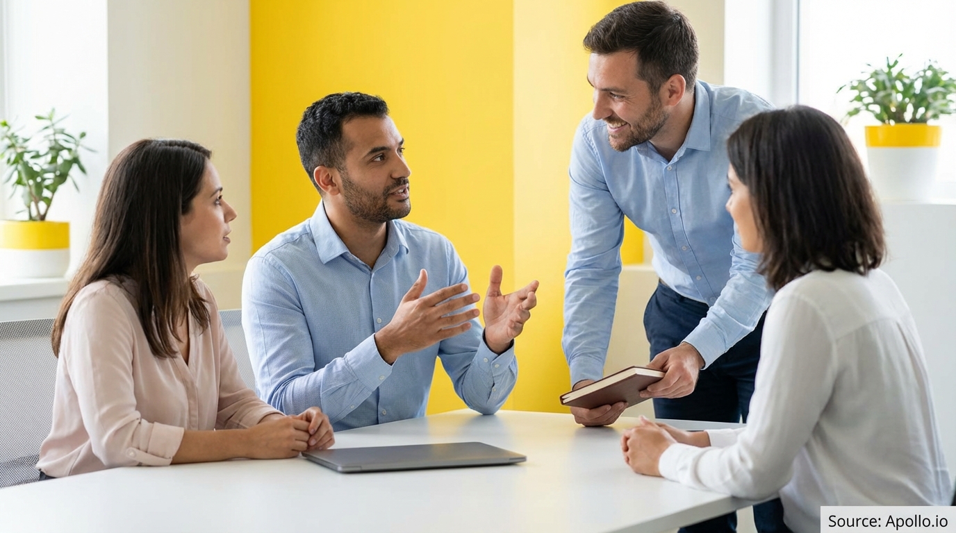 Four professionals in discussion at a white office table, one man gesturing, another holding a book.
