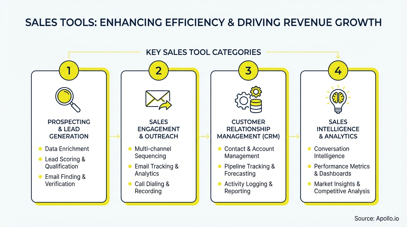 A diagram outlines four key sales tool categories, each with an icon and a list of functions.