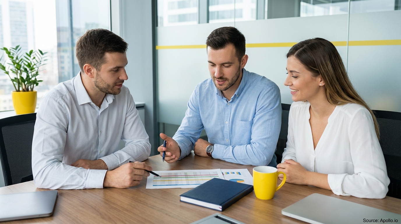 Three colleagues discuss a sales tracker document at a modern office table.