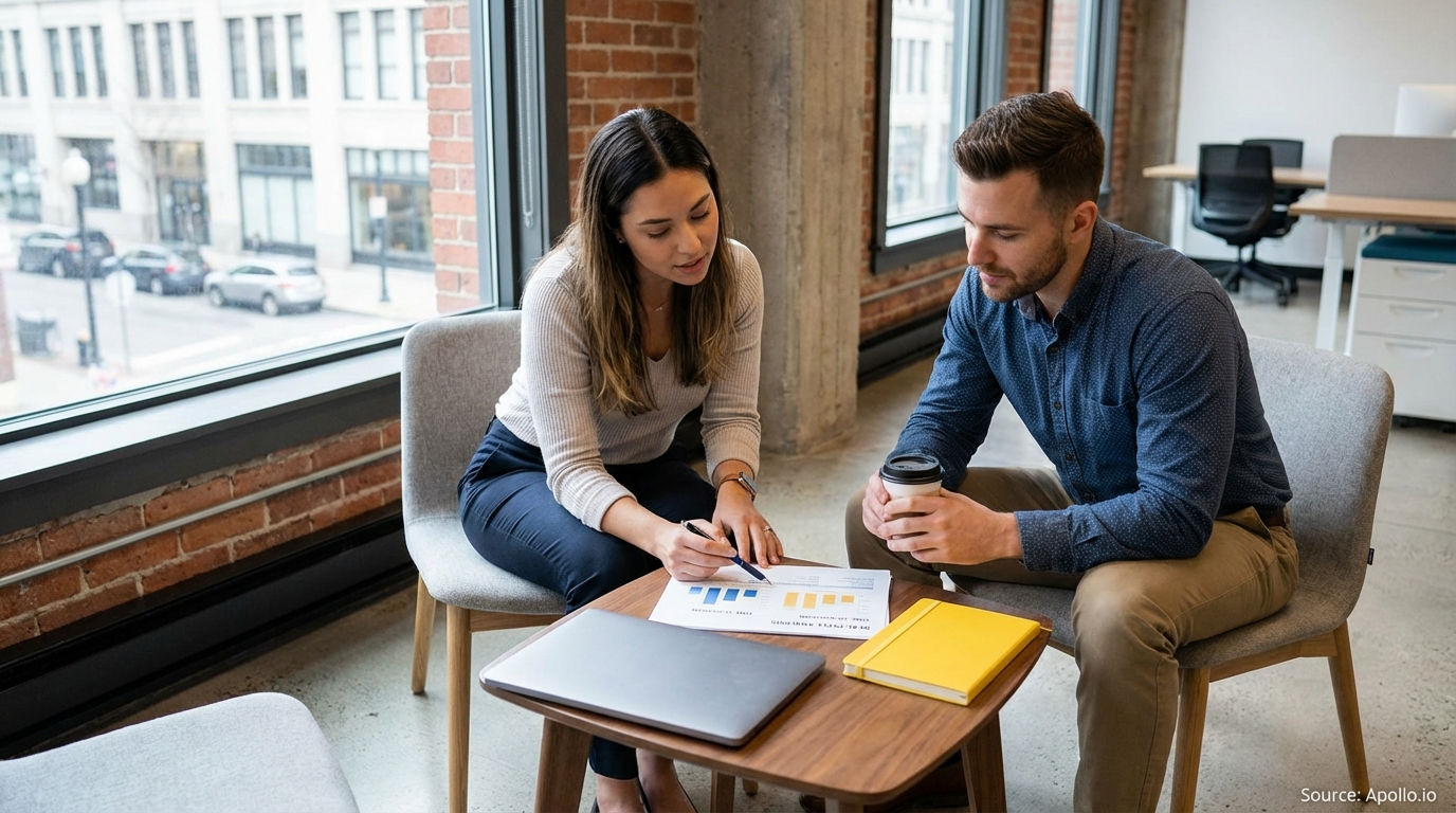 Two professionals discuss data on a bar chart in a modern office.