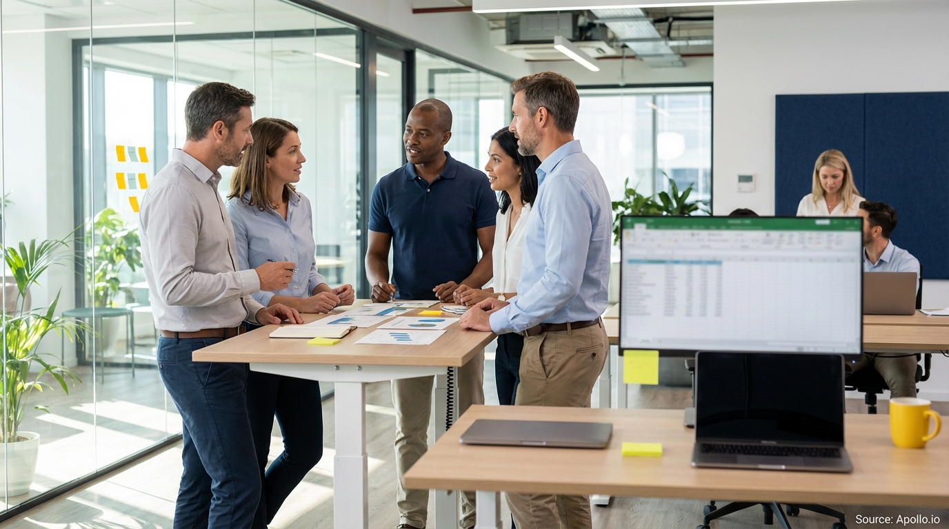 Sales team collaborating in a modern open-plan office in a sales team meeting