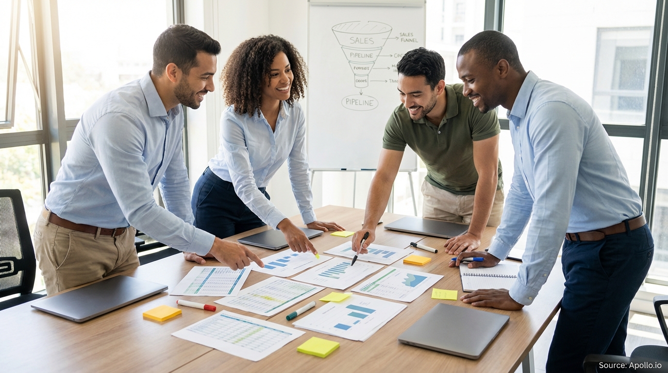 Sales professionals discussing strategy around a conference table in a sales team meeting