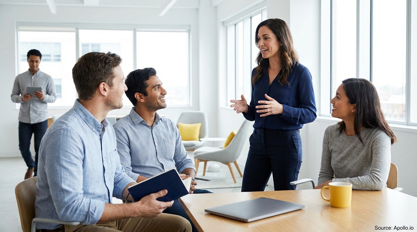 Five diverse professionals in a modern office; a woman speaks to three seated colleagues, another man uses a tablet.