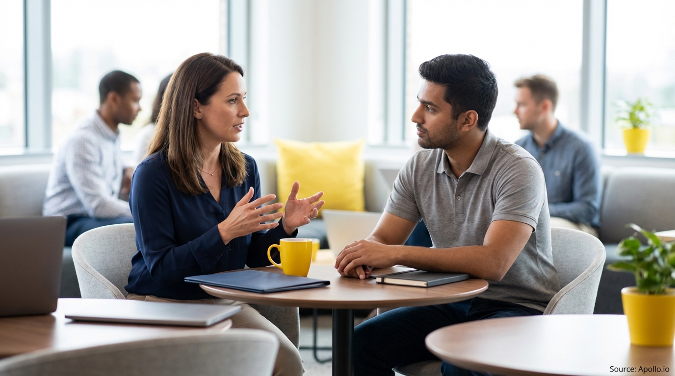 Two professionals actively converse at a table in a bright, modern office.