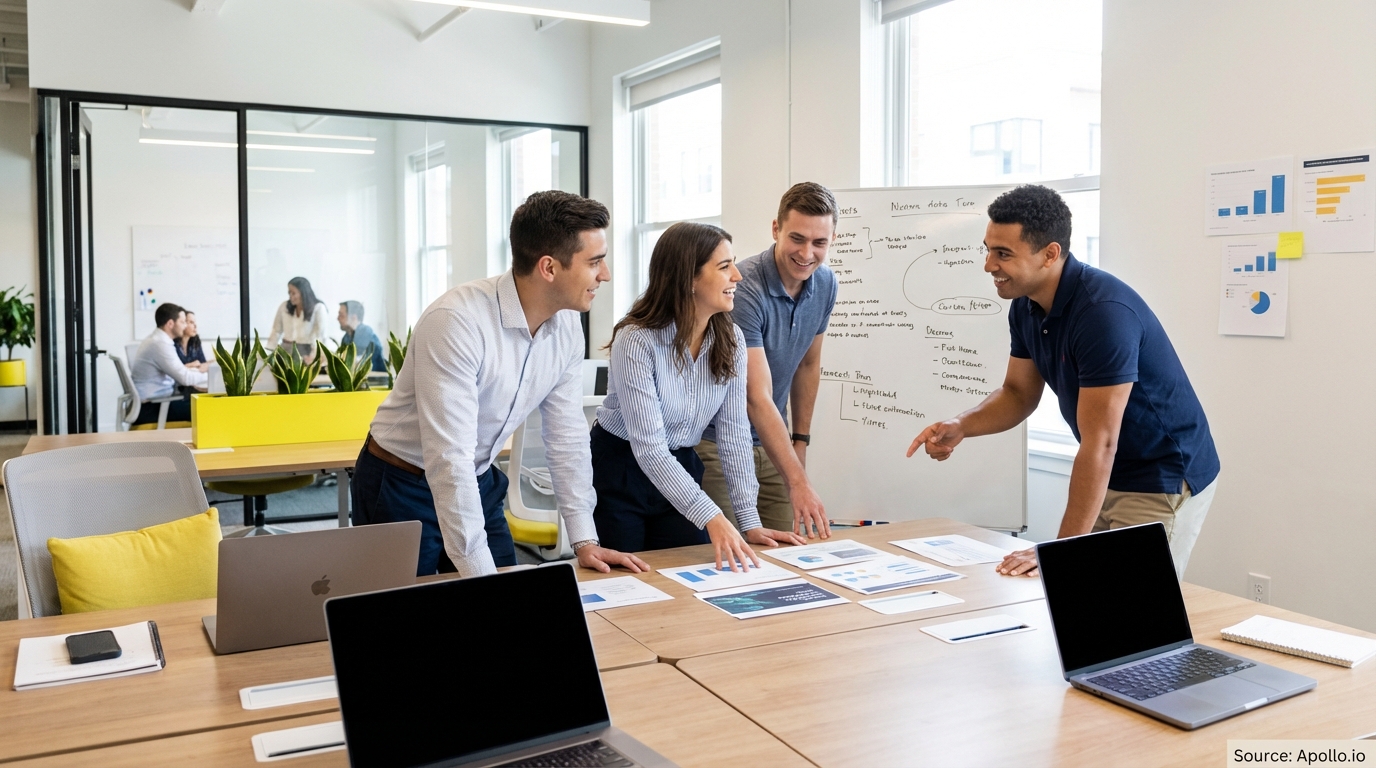 Sales team collaborating in a modern open-plan office evaluating sales technology options