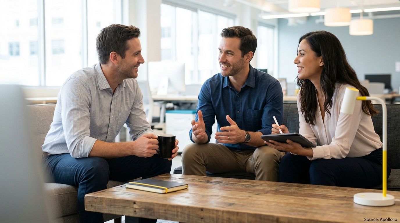 Three smiling professionals discuss strategy in a modern office lounge.