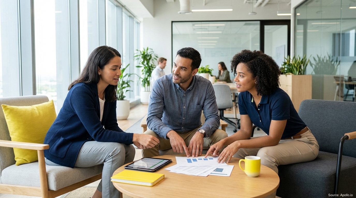 Three professionals collaborate on documents and charts at a table in a modern office.