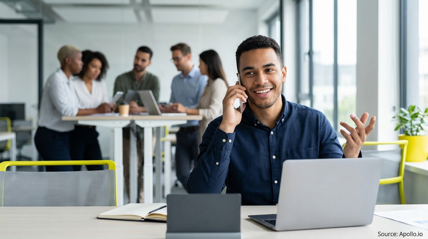 Smiling man talks on phone at desk with laptop, five diverse colleagues collaborate in a modern office.