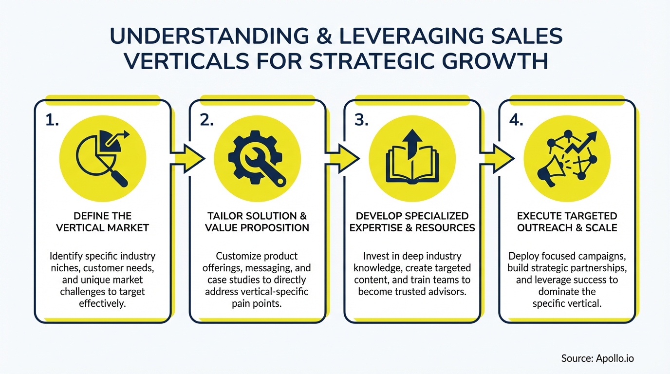 Infographic with four steps illustrating strategic growth for sales verticals.