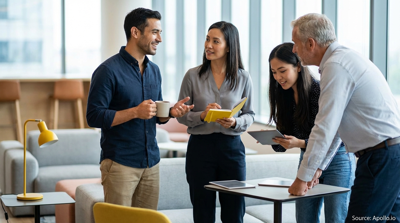 Four business professionals discuss and look at a tablet in a relaxed office setting.