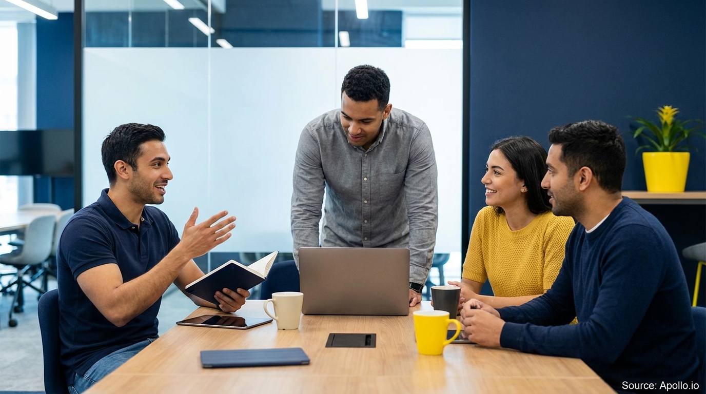 Four professionals discussing ideas at a modern office conference table.