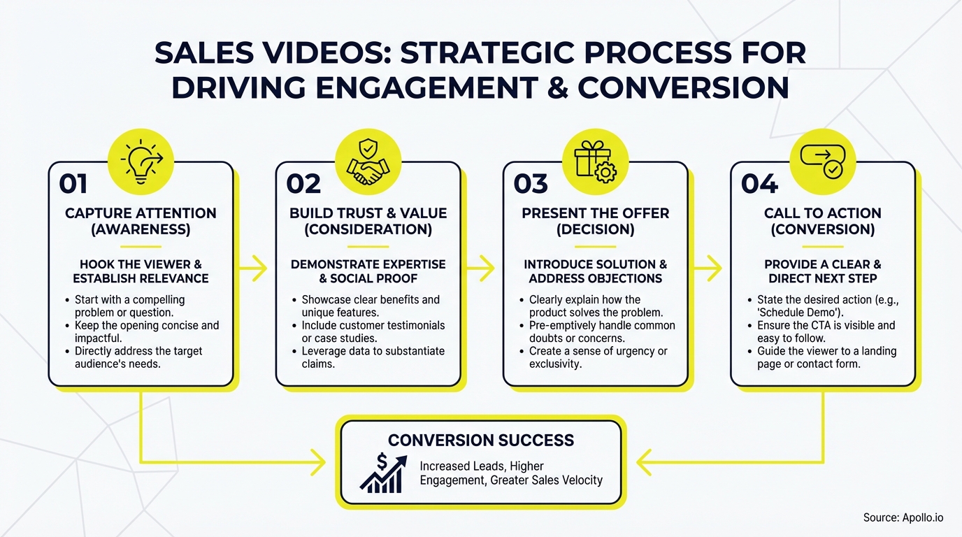 A four-step strategic process flowchart for sales videos, detailing engagement, conversion, and success.