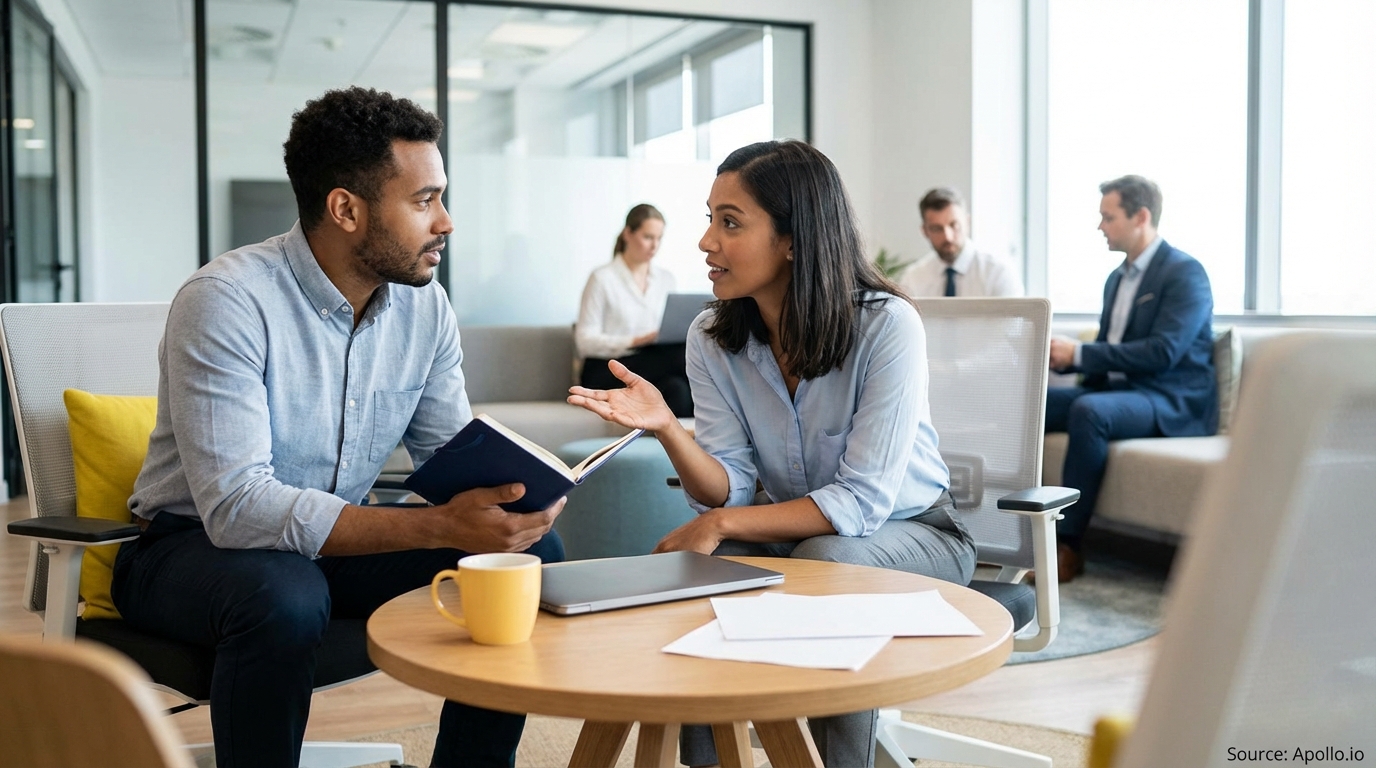 Two colleagues discuss work at a coffee table in a bright, modern office space.