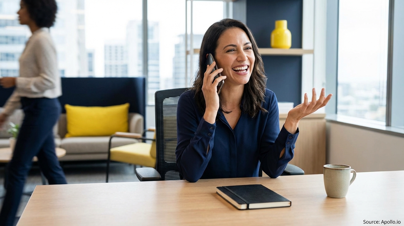 A woman laughs, gestures, and talks on a phone at an office desk while another person walks.