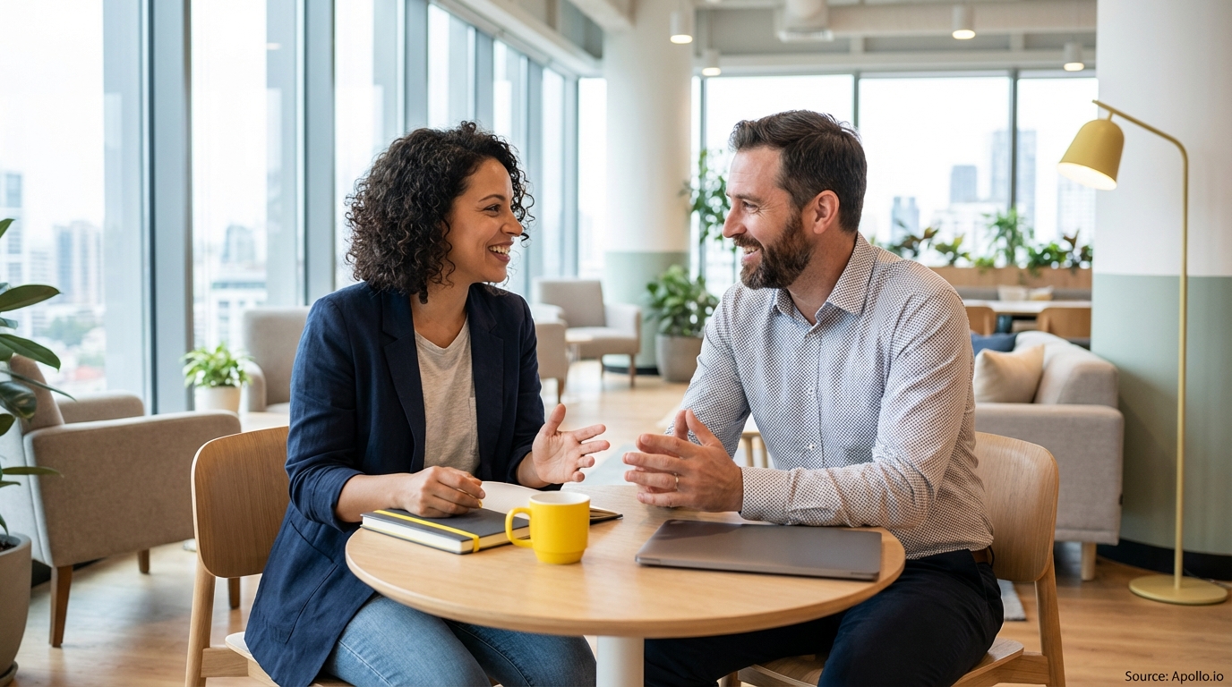 Two smiling professionals discuss at a modern office table with a laptop and notebook.