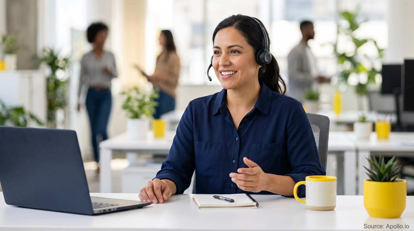 A woman wearing a headset smiles at her desk with colleagues in a bright open office.