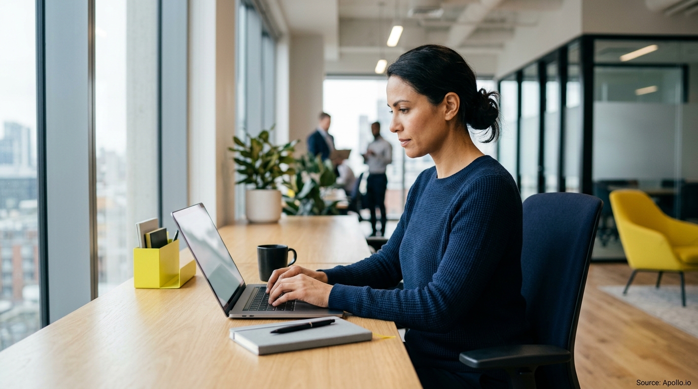 A woman types on a laptop at a modern office desk while two colleagues talk in the background.