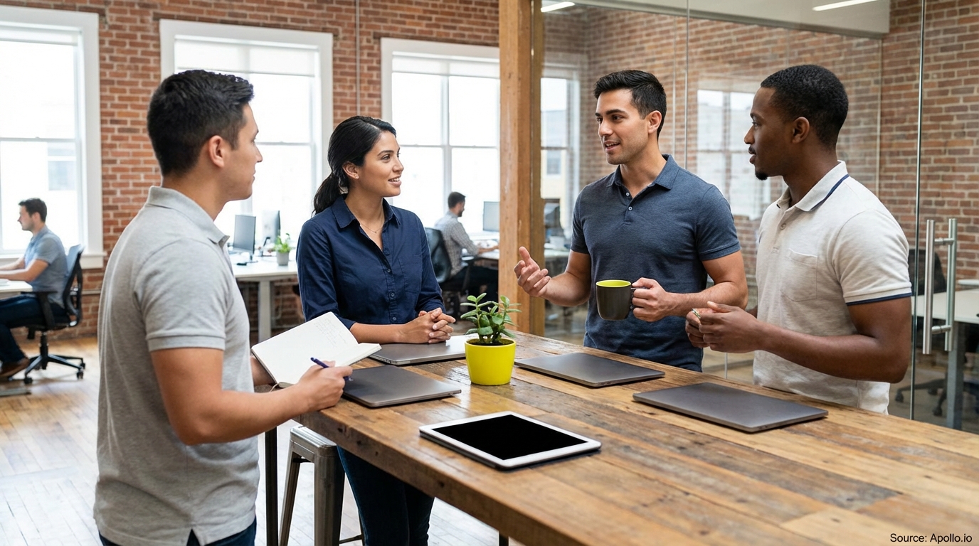 Four professionals discuss work around a table in a modern office.