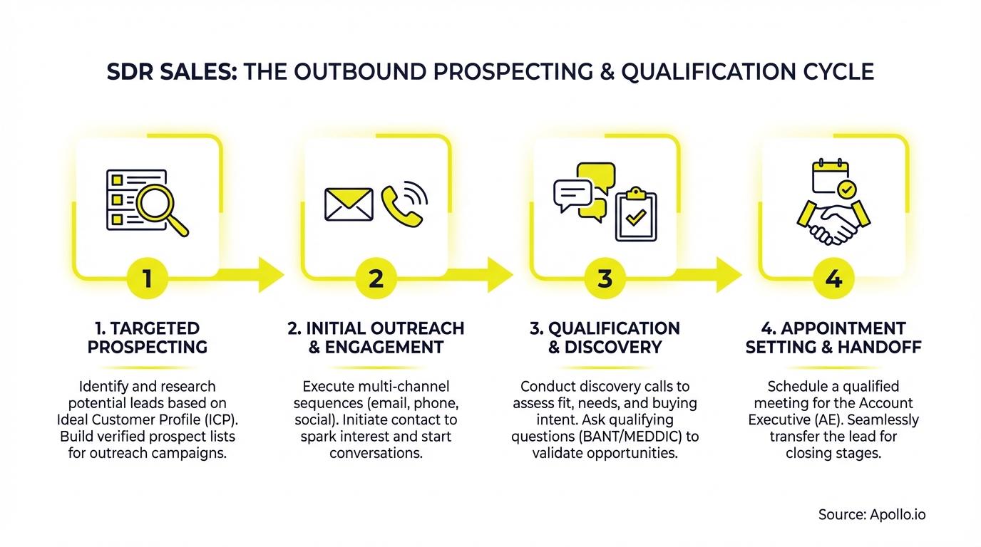 A four-step diagram illustrates the SDR outbound prospecting and qualification sales cycle.