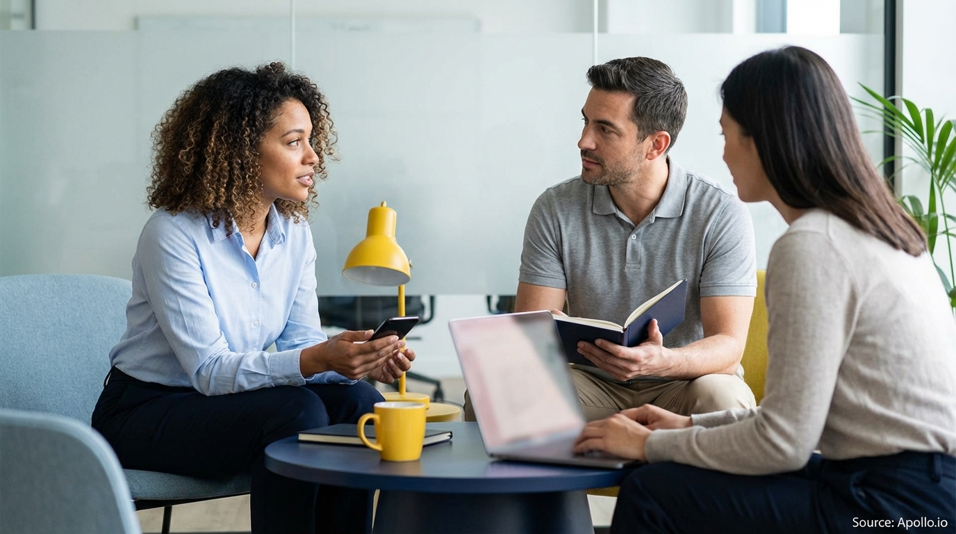 Three professionals in a modern office, one talking, one with a book, one using a laptop.