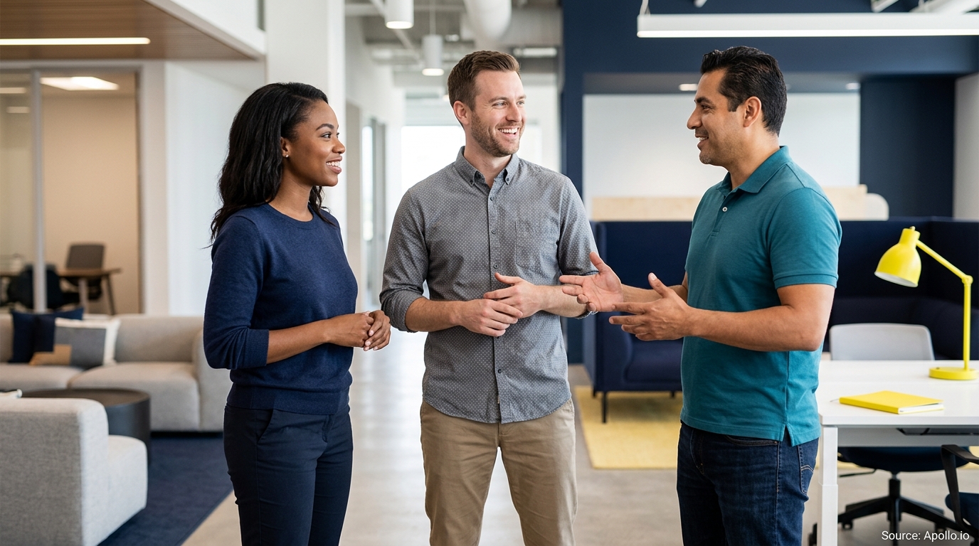 Three diverse professionals smile and talk while standing together in a bright, modern office.