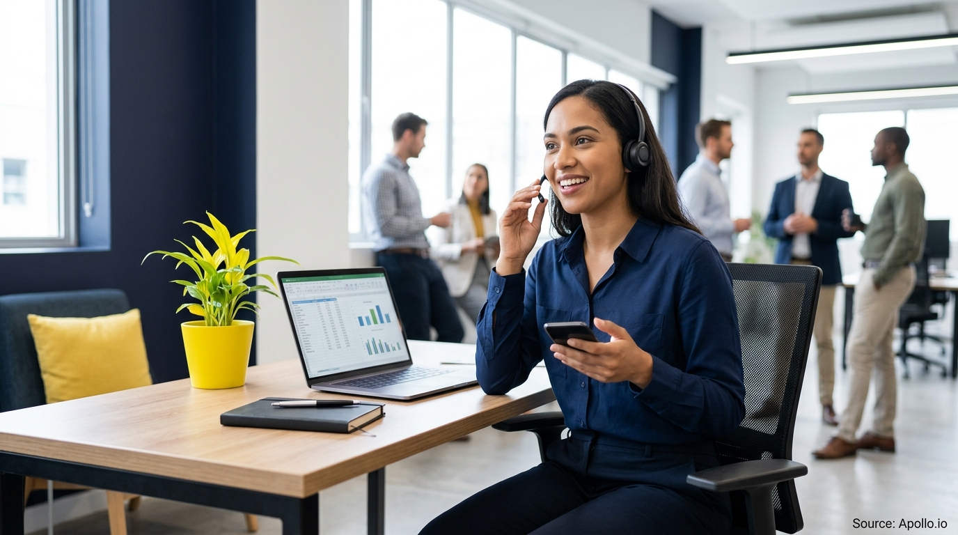 A professional with a headset makes calls at a desk while four colleagues talk in a bright office.