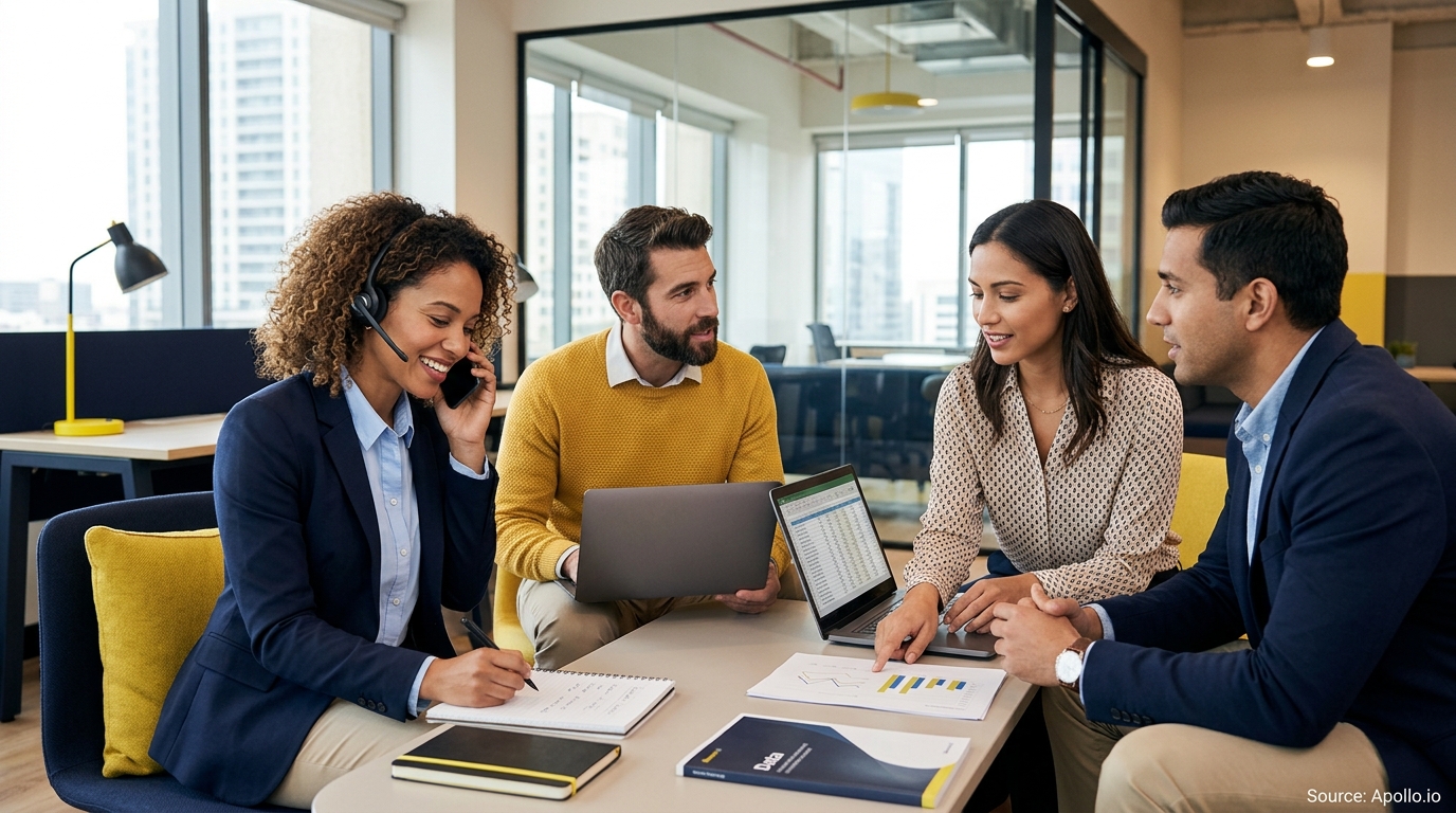 Four professionals collaborate at a table in a modern office, reviewing data on a laptop and printed documents.