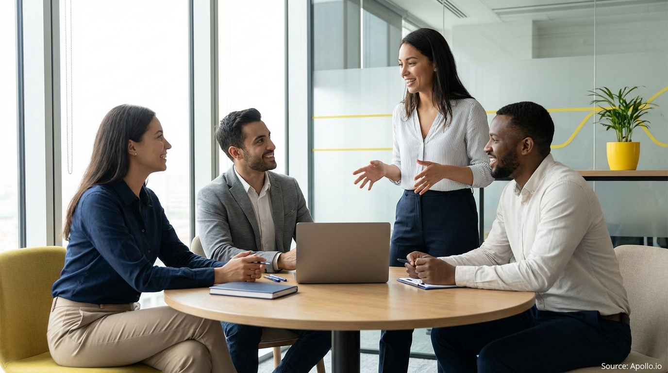 Four professionals, one standing and gesturing, meet at a table in a bright office.